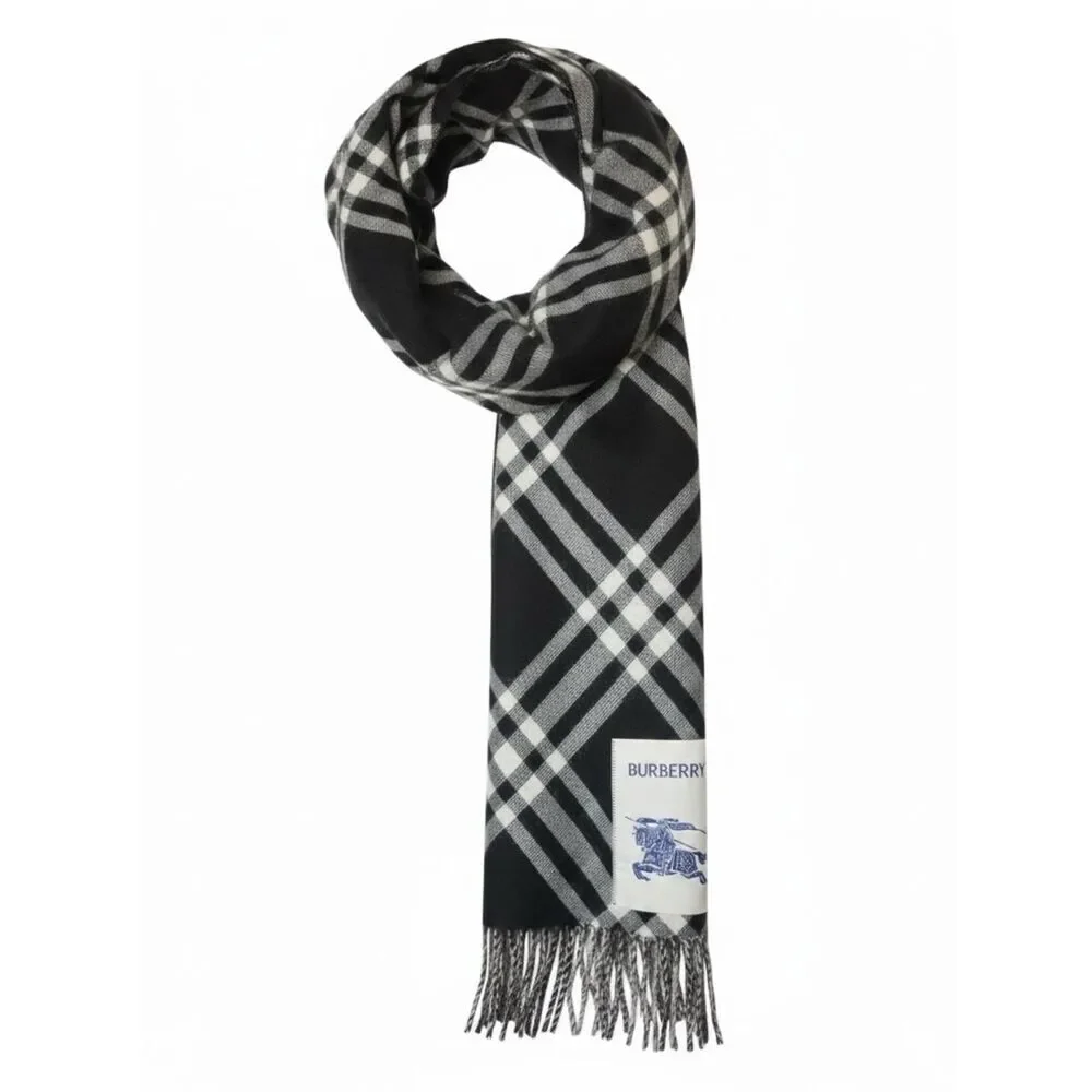 NWT Burberry Black White & Gray 100% Wool Oversized Signature Check Scarf Auth